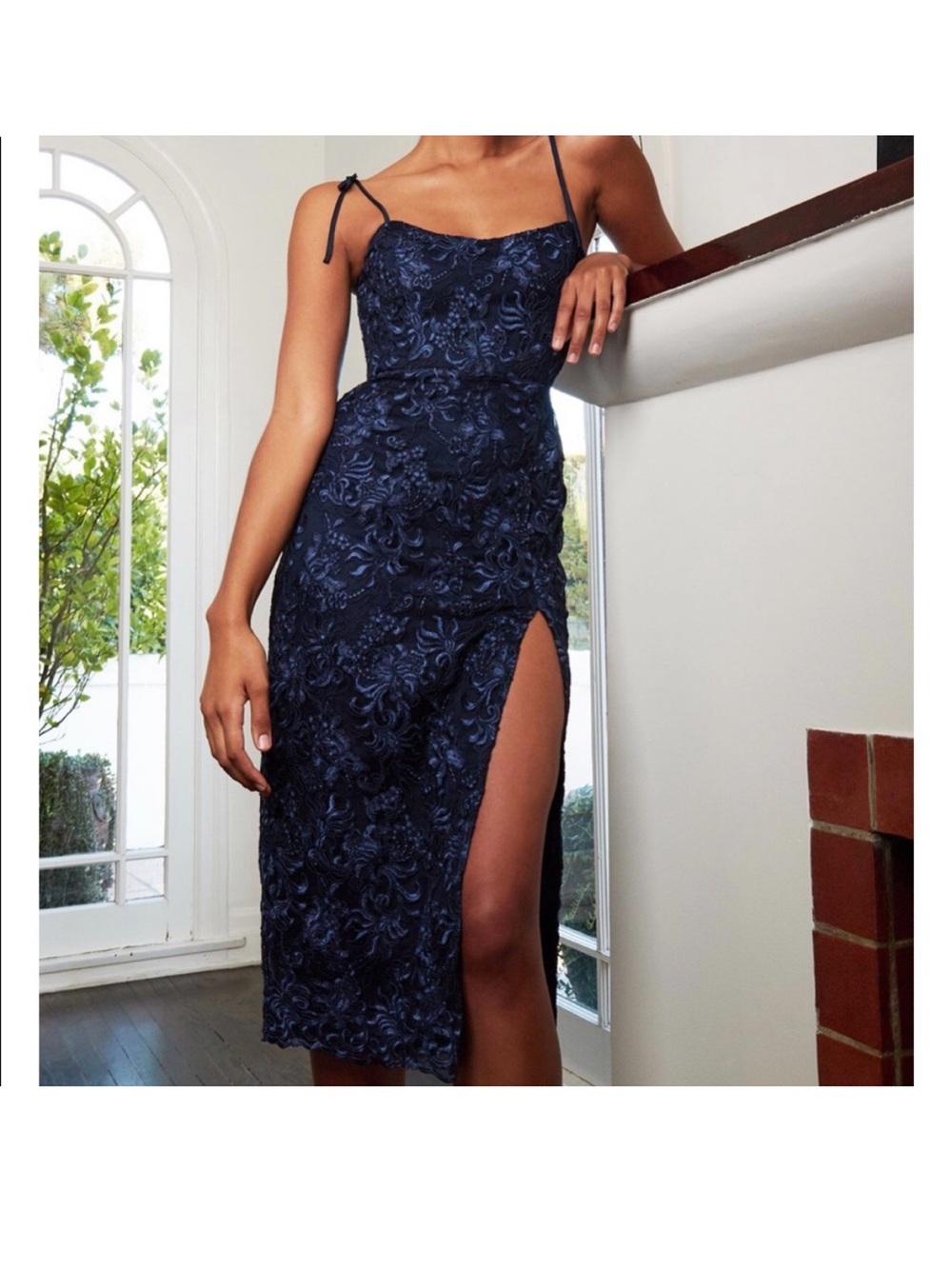 V. Chapman Navy Blue Floral Lace Midi Dress with Side Slit